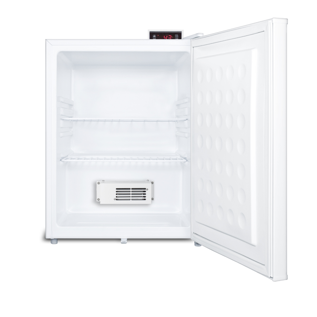 Compact general purpose all-refrigerator with automatic defrost, front-mounted lock, and white finish